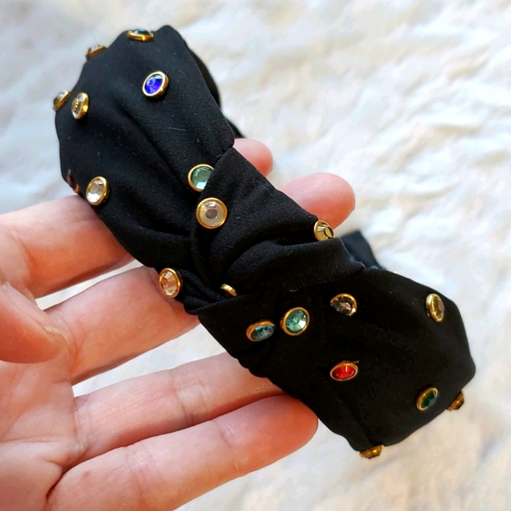 BLACK knotted headband multicolor rhinestones crystals gold rimmed stones gems - Picture 3 of 5